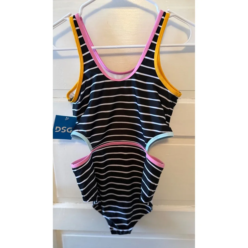 DSG Kids Girls Black White Stripe Cutout One Piece Swimsuit Size‎ large